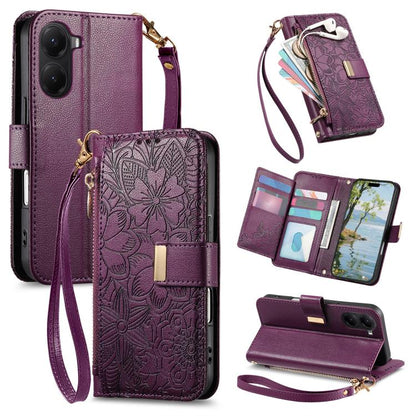 Flowers Leaves Zipper Wallet Leather Phone Case with Strap, For Xiaomi Poco X8 Pro Max 5G, For Xiaomi Poco X8 Pro 5G, For Redmi Turbo 5 Max 5G, For Redmi Turbo 5 5G, For Xiaomi 17 Pro Max, For Xiaomi 17 Pro, For Xiaomi 17, For Xiaomi Poco M7 4G 169mm  ...