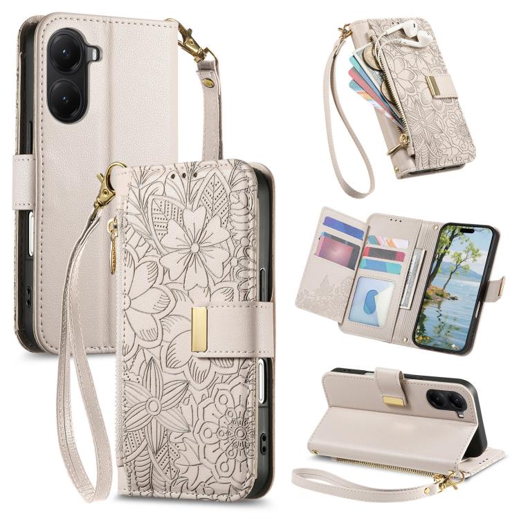Flowers Leaves Zipper Wallet Leather Phone Case with Strap, For Xiaomi Poco X8 Pro Max 5G, For Xiaomi Poco X8 Pro 5G, For Redmi Turbo 5 Max 5G, For Redmi Turbo 5 5G, For Xiaomi 17 Pro Max, For Xiaomi 17 Pro, For Xiaomi 17, For Xiaomi Poco M7 4G 169mm  ...