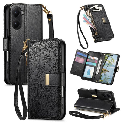 Flowers Leaves Zipper Wallet Leather Phone Case with Strap, For Xiaomi Poco X8 Pro Max 5G, For Xiaomi Poco X8 Pro 5G, For Redmi Turbo 5 Max 5G, For Redmi Turbo 5 5G, For Xiaomi 17 Pro Max, For Xiaomi 17 Pro, For Xiaomi 17, For Xiaomi Poco M7 4G 169mm  ...