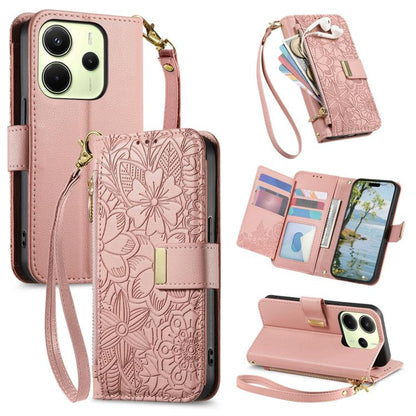 Flowers Leaves Zipper Wallet Leather Phone Case with Strap, For Xiaomi Poco X8 Pro Max 5G, For Xiaomi Poco X8 Pro 5G, For Redmi Turbo 5 Max 5G, For Redmi Turbo 5 5G, For Xiaomi 17 Pro Max, For Xiaomi 17 Pro, For Xiaomi 17, For Xiaomi Poco M7 4G 169mm  ...
