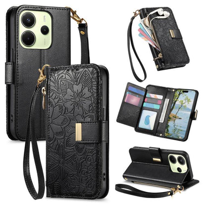 Flowers Leaves Zipper Wallet Leather Phone Case with Strap, For Xiaomi Poco X8 Pro Max 5G, For Xiaomi Poco X8 Pro 5G, For Redmi Turbo 5 Max 5G, For Redmi Turbo 5 5G, For Xiaomi 17 Pro Max, For Xiaomi 17 Pro, For Xiaomi 17, For Xiaomi Poco M7 4G 169mm  ...