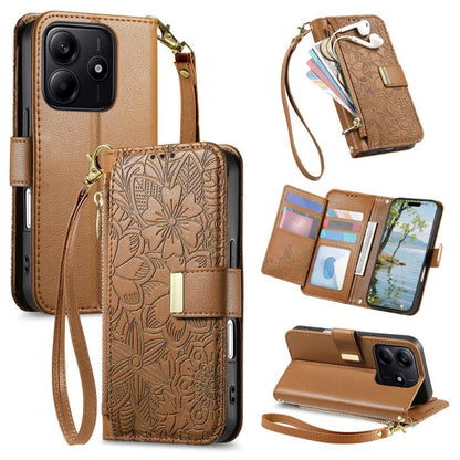 Flowers Leaves Zipper Wallet Leather Phone Case with Strap, For Xiaomi Poco X8 Pro Max 5G, For Xiaomi Poco X8 Pro 5G, For Redmi Turbo 5 Max 5G, For Redmi Turbo 5 5G, For Xiaomi 17 Pro Max, For Xiaomi 17 Pro, For Xiaomi 17, For Xiaomi Poco M7 4G 169mm  ...