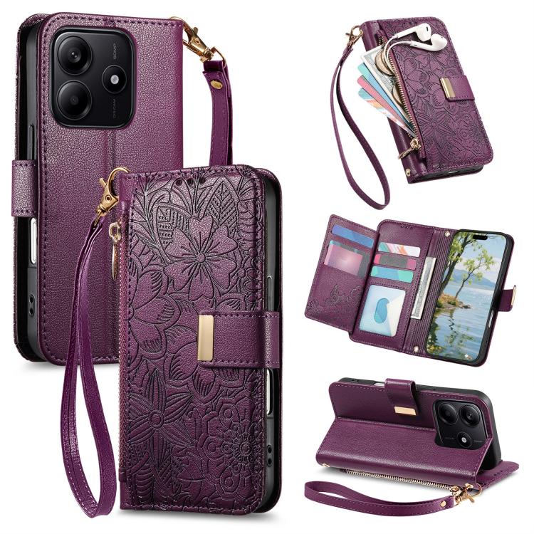 Flowers Leaves Zipper Wallet Leather Phone Case with Strap, For Xiaomi Poco X8 Pro Max 5G, For Xiaomi Poco X8 Pro 5G, For Redmi Turbo 5 Max 5G, For Redmi Turbo 5 5G, For Xiaomi 17 Pro Max, For Xiaomi 17 Pro, For Xiaomi 17, For Xiaomi Poco M7 4G 169mm  ...