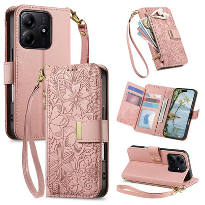 Flowers Leaves Zipper Wallet Leather Phone Case with Strap, For Xiaomi Poco X8 Pro Max 5G, For Xiaomi Poco X8 Pro 5G, For Redmi Turbo 5 Max 5G, For Redmi Turbo 5 5G, For Xiaomi 17 Pro Max, For Xiaomi 17 Pro, For Xiaomi 17, For Xiaomi Poco M7 4G 169mm  ...