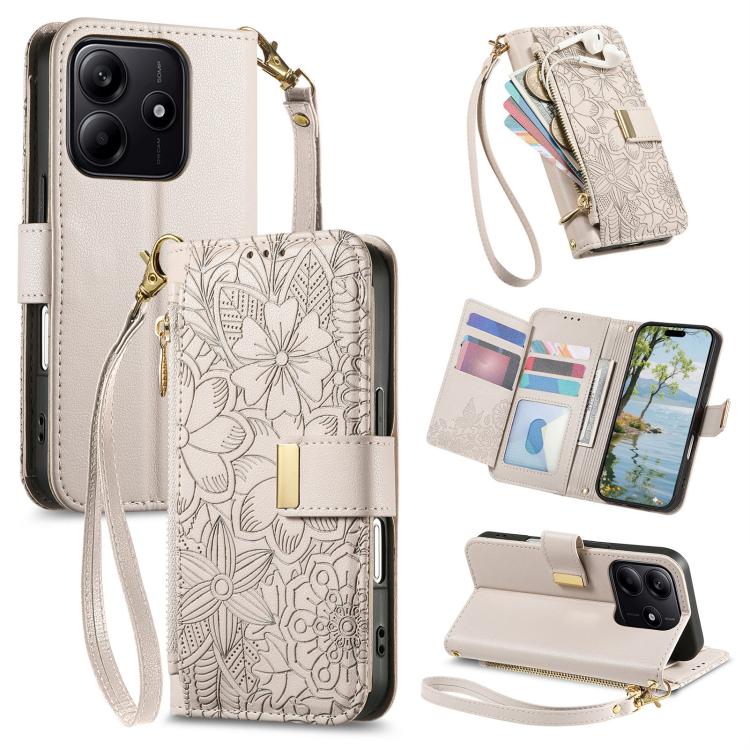 Flowers Leaves Zipper Wallet Leather Phone Case with Strap, For Xiaomi Poco X8 Pro Max 5G, For Xiaomi Poco X8 Pro 5G, For Redmi Turbo 5 Max 5G, For Redmi Turbo 5 5G, For Xiaomi 17 Pro Max, For Xiaomi 17 Pro, For Xiaomi 17, For Xiaomi Poco M7 4G 169mm  ...