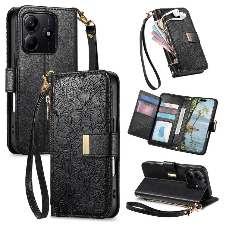 Flowers Leaves Zipper Wallet Leather Phone Case with Strap, For Xiaomi Poco X8 Pro Max 5G, For Xiaomi Poco X8 Pro 5G, For Redmi Turbo 5 Max 5G, For Redmi Turbo 5 5G, For Xiaomi 17 Pro Max, For Xiaomi 17 Pro, For Xiaomi 17, For Xiaomi Poco M7 4G 169mm  ...