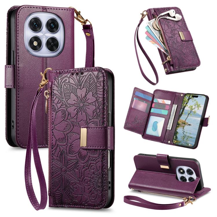 Flowers Leaves Zipper Wallet Leather Phone Case with Strap, For Xiaomi Poco X8 Pro Max 5G, For Xiaomi Poco X8 Pro 5G, For Redmi Turbo 5 Max 5G, For Redmi Turbo 5 5G, For Xiaomi 17 Pro Max, For Xiaomi 17 Pro, For Xiaomi 17, For Xiaomi Poco M7 4G 169mm  ...