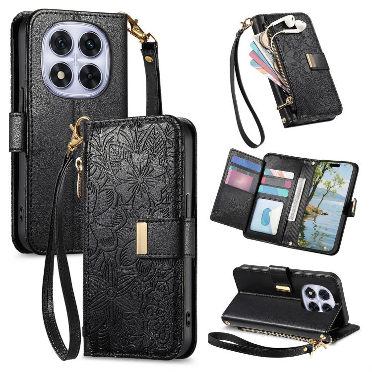 Flowers Leaves Zipper Wallet Leather Phone Case with Strap, For Xiaomi Poco X8 Pro Max 5G, For Xiaomi Poco X8 Pro 5G, For Redmi Turbo 5 Max 5G, For Redmi Turbo 5 5G, For Xiaomi 17 Pro Max, For Xiaomi 17 Pro, For Xiaomi 17, For Xiaomi Poco M7 4G 169mm  ...