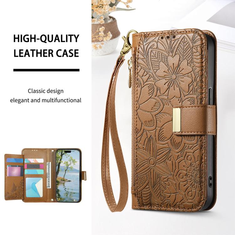 Flowers Leaves Zipper Wallet Leather Phone Case with Strap, For Redmi Note 14 Pro 5G, For Xiaomi 14T Pro, For Redmi Note 13 4G, For Redmi Note 13 Pro 5G, For Redmi Note 12 Turbo, For Redmi 15C 5G / 4G EU 173mm, For Redmi 15C 5G / 4G Global 171mm       ...