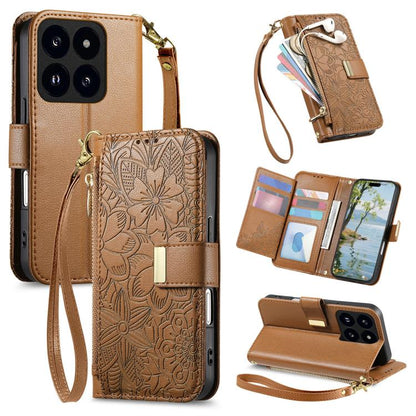 Flowers Leaves Zipper Wallet Leather Phone Case with Strap, For Redmi Note 14 Pro 5G, For Xiaomi 14T Pro, For Redmi Note 13 4G, For Redmi Note 13 Pro 5G, For Redmi Note 12 Turbo, For Redmi 15C 5G / 4G EU 173mm, For Redmi 15C 5G / 4G Global 171mm       ...