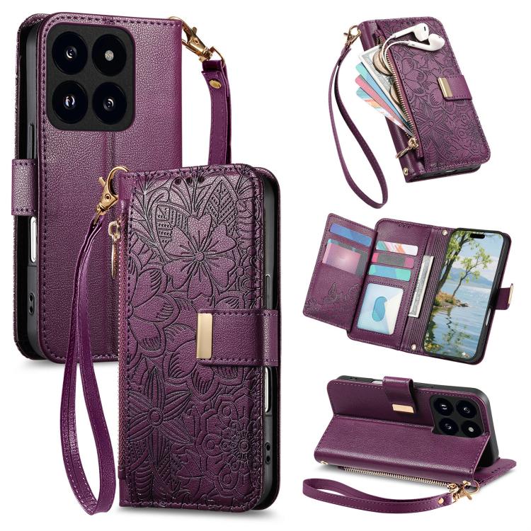 Flowers Leaves Zipper Wallet Leather Phone Case with Strap, For Redmi Note 14 Pro 5G, For Xiaomi 14T Pro, For Redmi Note 13 4G, For Redmi Note 13 Pro 5G, For Redmi Note 12 Turbo, For Redmi 15C 5G / 4G EU 173mm, For Redmi 15C 5G / 4G Global 171mm       ...