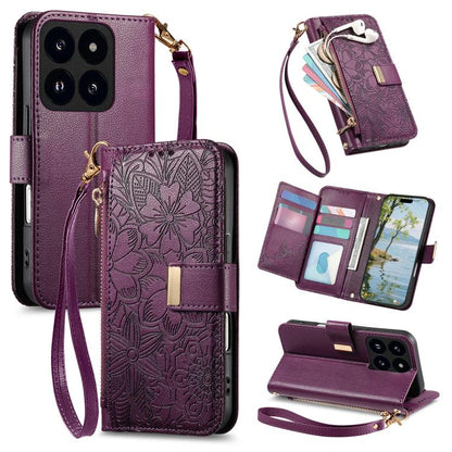 Flowers Leaves Zipper Wallet Leather Phone Case with Strap, For Redmi Note 14 Pro 5G, For Xiaomi 14T Pro, For Redmi Note 13 4G, For Redmi Note 13 Pro 5G, For Redmi Note 12 Turbo, For Redmi 15C 5G / 4G EU 173mm, For Redmi 15C 5G / 4G Global 171mm       ...
