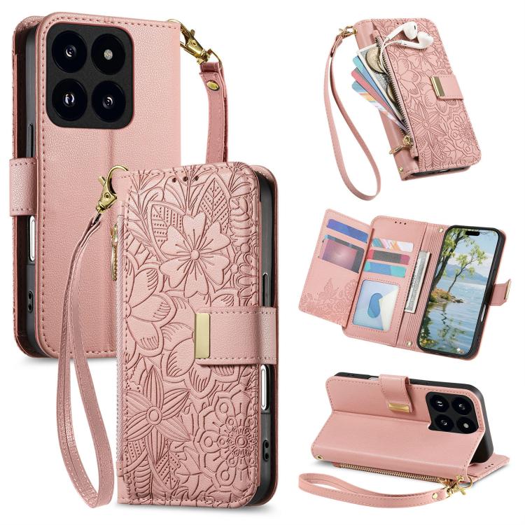 Flowers Leaves Zipper Wallet Leather Phone Case with Strap, For Redmi Note 14 Pro 5G, For Xiaomi 14T Pro, For Redmi Note 13 4G, For Redmi Note 13 Pro 5G, For Redmi Note 12 Turbo, For Redmi 15C 5G / 4G EU 173mm, For Redmi 15C 5G / 4G Global 171mm       ...