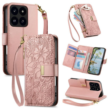 Flowers Leaves Zipper Wallet Leather Phone Case with Strap, For Redmi Note 14 Pro 5G, For Xiaomi 14T Pro, For Redmi Note 13 4G, For Redmi Note 13 Pro 5G, For Redmi Note 12 Turbo, For Redmi 15C 5G / 4G EU 173mm, For Redmi 15C 5G / 4G Global 171mm       ...