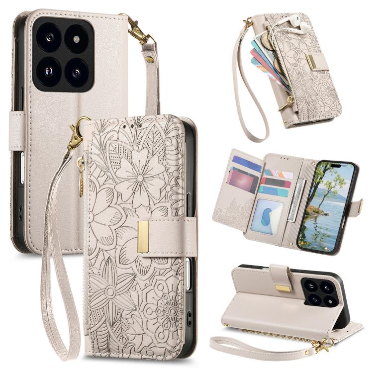 Flowers Leaves Zipper Wallet Leather Phone Case with Strap, For Redmi Note 14 Pro 5G, For Xiaomi 14T Pro, For Redmi Note 13 4G, For Redmi Note 13 Pro 5G, For Redmi Note 12 Turbo, For Redmi 15C 5G / 4G EU 173mm, For Redmi 15C 5G / 4G Global 171mm       ...