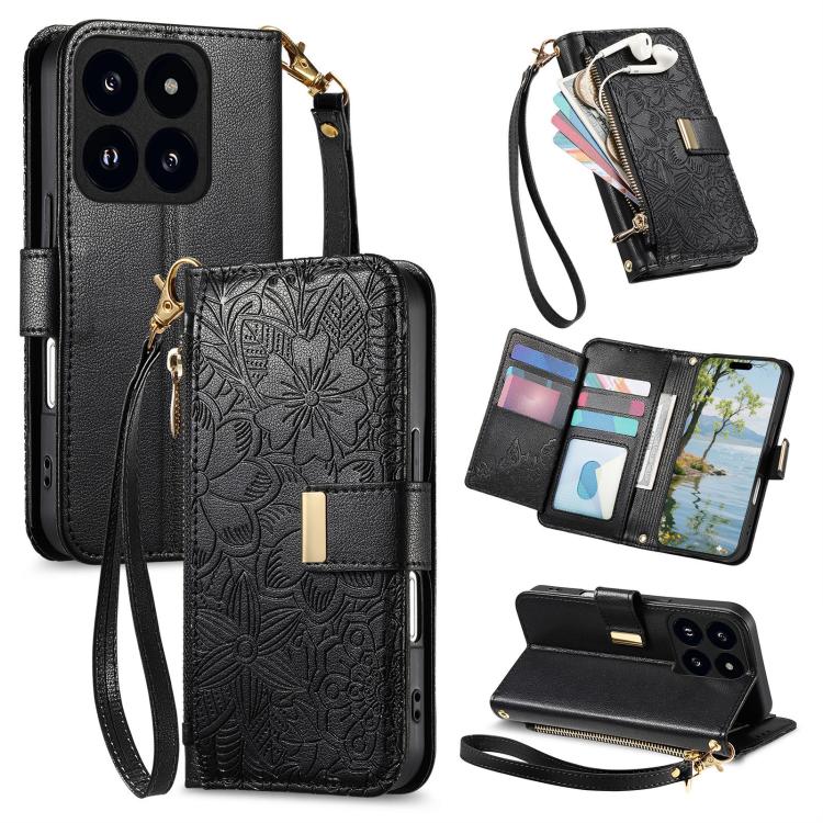 Flowers Leaves Zipper Wallet Leather Phone Case with Strap, For Redmi Note 14 Pro 5G, For Xiaomi 14T Pro, For Redmi Note 13 4G, For Redmi Note 13 Pro 5G, For Redmi Note 12 Turbo, For Redmi 15C 5G / 4G EU 173mm, For Redmi 15C 5G / 4G Global 171mm       ...