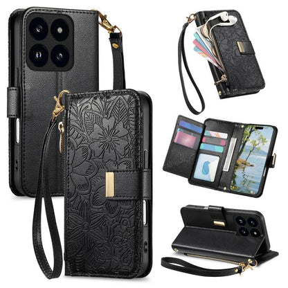 Flowers Leaves Zipper Wallet Leather Phone Case with Strap, For Redmi Note 14 Pro 5G, For Xiaomi 14T Pro, For Redmi Note 13 4G, For Redmi Note 13 Pro 5G, For Redmi Note 12 Turbo, For Redmi 15C 5G / 4G EU 173mm, For Redmi 15C 5G / 4G Global 171mm       ...