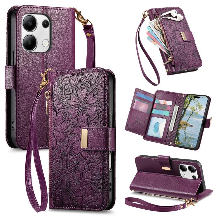Flowers Leaves Zipper Wallet Leather Phone Case with Strap, For Redmi Note 14 Pro 5G, For Xiaomi 14T Pro, For Redmi Note 13 4G, For Redmi Note 13 Pro 5G, For Redmi Note 12 Turbo, For Redmi 15C 5G / 4G EU 173mm, For Redmi 15C 5G / 4G Global 171mm       ...