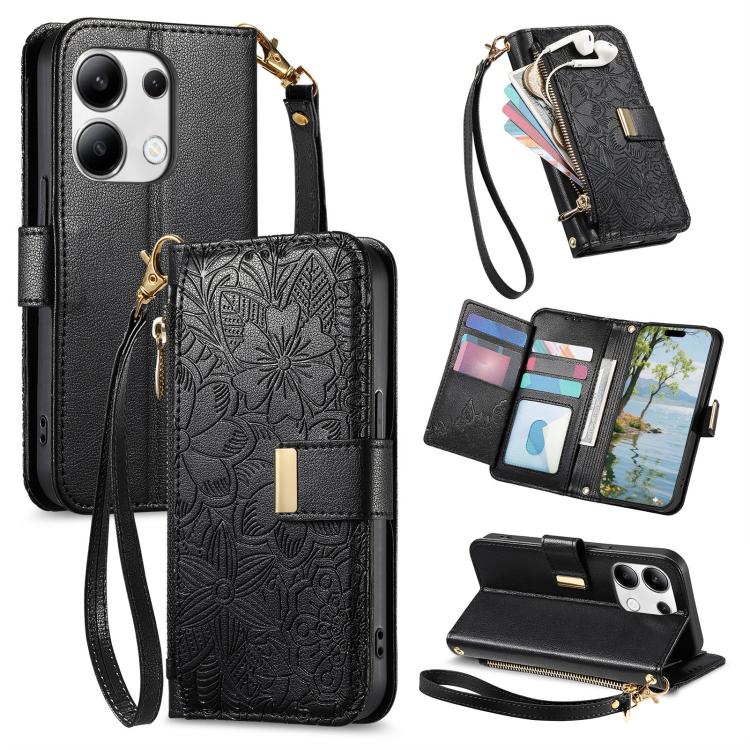 Flowers Leaves Zipper Wallet Leather Phone Case with Strap, For Redmi Note 14 Pro 5G, For Xiaomi 14T Pro, For Redmi Note 13 4G, For Redmi Note 13 Pro 5G, For Redmi Note 12 Turbo, For Redmi 15C 5G / 4G EU 173mm, For Redmi 15C 5G / 4G Global 171mm       ...