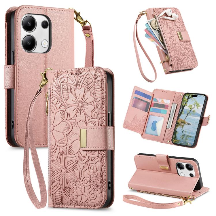 Flowers Leaves Zipper Wallet Leather Phone Case with Strap, For Redmi Note 14 Pro 5G, For Xiaomi 14T Pro, For Redmi Note 13 4G, For Redmi Note 13 Pro 5G, For Redmi Note 12 Turbo, For Redmi 15C 5G / 4G EU 173mm, For Redmi 15C 5G / 4G Global 171mm       ...