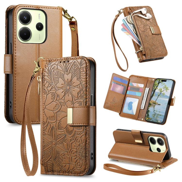 Flowers Leaves Zipper Wallet Leather Phone Case with Strap, For Redmi Note 14 Pro 5G, For Xiaomi 14T Pro, For Redmi Note 13 4G, For Redmi Note 13 Pro 5G, For Redmi Note 12 Turbo, For Redmi 15C 5G / 4G EU 173mm, For Redmi 15C 5G / 4G Global 171mm       ...