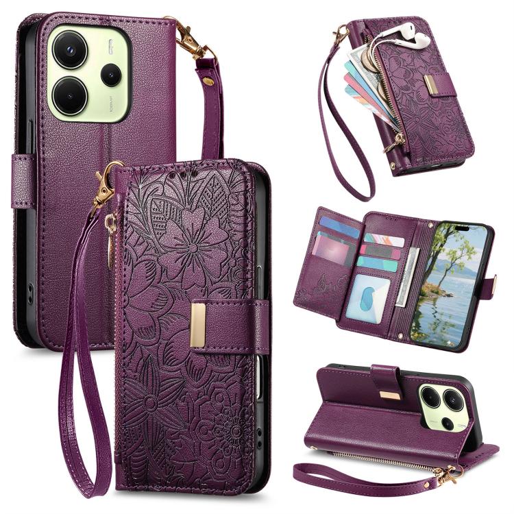Flowers Leaves Zipper Wallet Leather Phone Case with Strap, For Redmi Note 14 Pro 5G, For Xiaomi 14T Pro, For Redmi Note 13 4G, For Redmi Note 13 Pro 5G, For Redmi Note 12 Turbo, For Redmi 15C 5G / 4G EU 173mm, For Redmi 15C 5G / 4G Global 171mm       ...