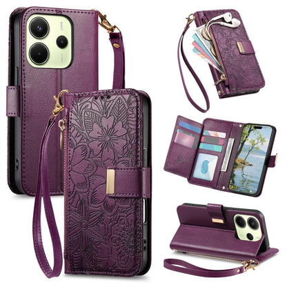 Flowers Leaves Zipper Wallet Leather Phone Case with Strap, For Redmi Note 14 Pro 5G, For Xiaomi 14T Pro, For Redmi Note 13 4G, For Redmi Note 13 Pro 5G, For Redmi Note 12 Turbo, For Redmi 15C 5G / 4G EU 173mm, For Redmi 15C 5G / 4G Global 171mm       ...