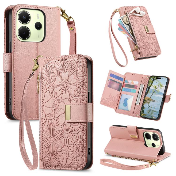 Flowers Leaves Zipper Wallet Leather Phone Case with Strap, For Redmi Note 14 Pro 5G, For Xiaomi 14T Pro, For Redmi Note 13 4G, For Redmi Note 13 Pro 5G, For Redmi Note 12 Turbo, For Redmi 15C 5G / 4G EU 173mm, For Redmi 15C 5G / 4G Global 171mm       ...