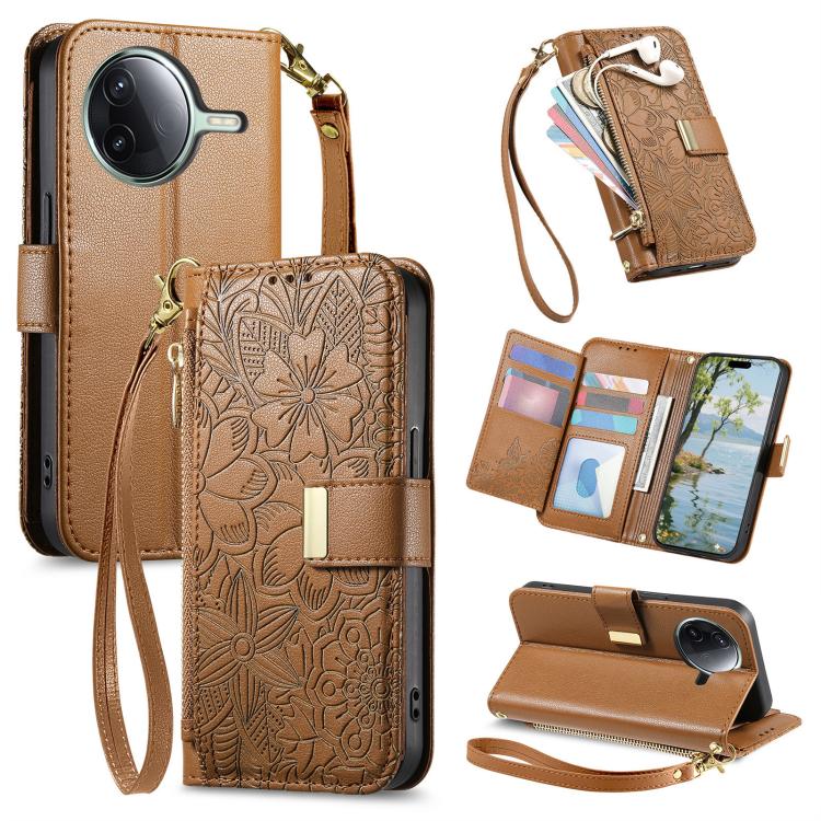 Flowers Leaves Zipper Wallet Leather Phone Case with Strap, For Redmi Note 14 Pro 5G, For Xiaomi 14T Pro, For Redmi Note 13 4G, For Redmi Note 13 Pro 5G, For Redmi Note 12 Turbo, For Redmi 15C 5G / 4G EU 173mm, For Redmi 15C 5G / 4G Global 171mm       ...