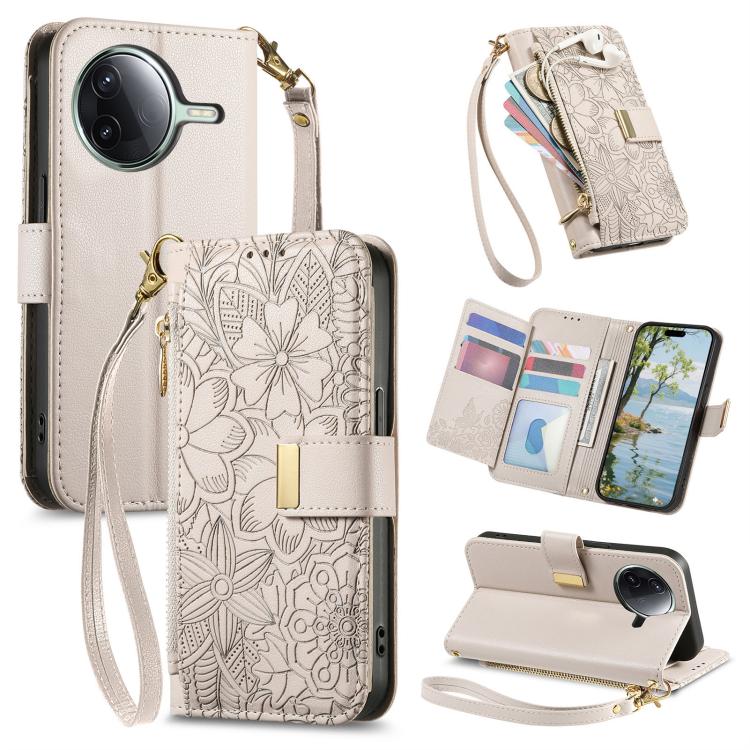 Flowers Leaves Zipper Wallet Leather Phone Case with Strap, For Redmi Note 14 Pro 5G, For Xiaomi 14T Pro, For Redmi Note 13 4G, For Redmi Note 13 Pro 5G, For Redmi Note 12 Turbo, For Redmi 15C 5G / 4G EU 173mm, For Redmi 15C 5G / 4G Global 171mm       ...