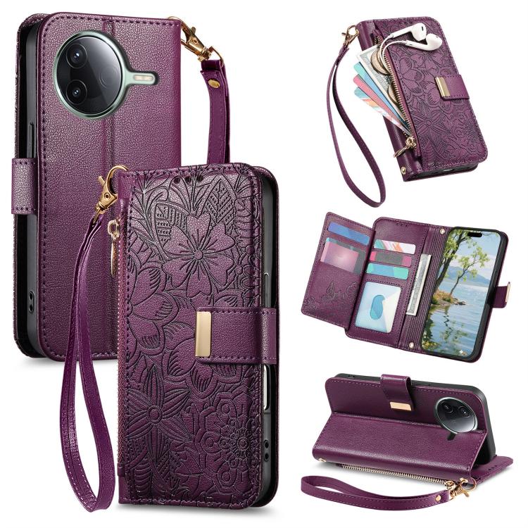 Flowers Leaves Zipper Wallet Leather Phone Case with Strap, For Redmi Note 14 Pro 5G, For Xiaomi 14T Pro, For Redmi Note 13 4G, For Redmi Note 13 Pro 5G, For Redmi Note 12 Turbo, For Redmi 15C 5G / 4G EU 173mm, For Redmi 15C 5G / 4G Global 171mm       ...