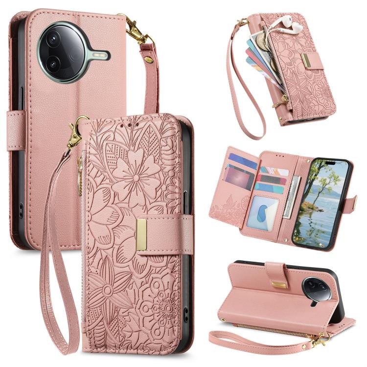 Flowers Leaves Zipper Wallet Leather Phone Case with Strap, For Redmi Note 14 Pro 5G, For Xiaomi 14T Pro, For Redmi Note 13 4G, For Redmi Note 13 Pro 5G, For Redmi Note 12 Turbo, For Redmi 15C 5G / 4G EU 173mm, For Redmi 15C 5G / 4G Global 171mm       ...