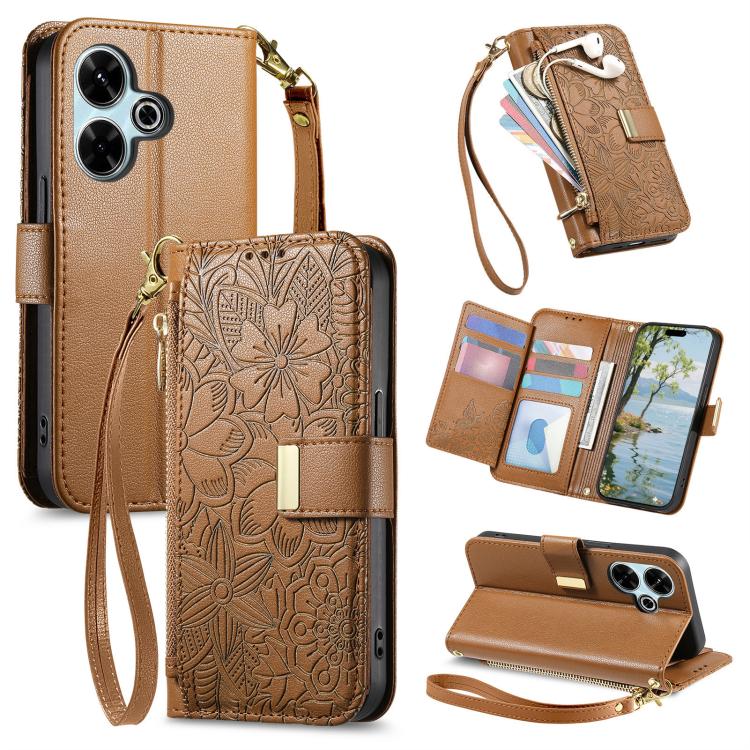 Flowers Leaves Zipper Wallet Leather Phone Case with Strap, For Redmi Note 14 Pro 5G, For Xiaomi 14T Pro, For Redmi Note 13 4G, For Redmi Note 13 Pro 5G, For Redmi Note 12 Turbo, For Redmi 15C 5G / 4G EU 173mm, For Redmi 15C 5G / 4G Global 171mm       ...