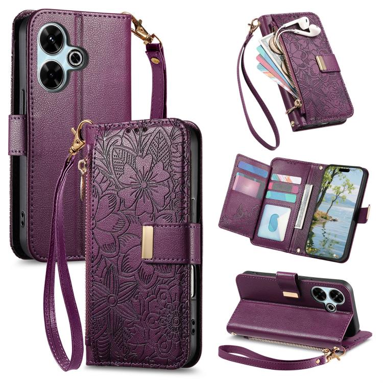 Flowers Leaves Zipper Wallet Leather Phone Case with Strap, For Redmi Note 14 Pro 5G, For Xiaomi 14T Pro, For Redmi Note 13 4G, For Redmi Note 13 Pro 5G, For Redmi Note 12 Turbo, For Redmi 15C 5G / 4G EU 173mm, For Redmi 15C 5G / 4G Global 171mm       ...