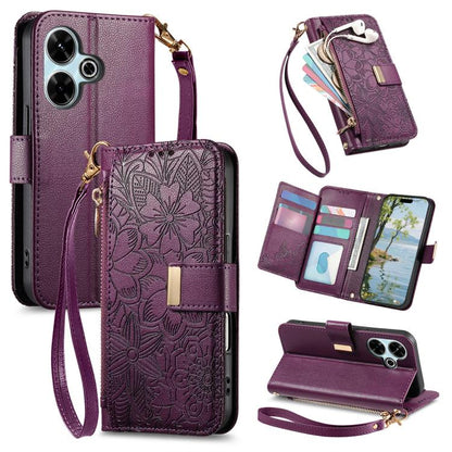Flowers Leaves Zipper Wallet Leather Phone Case with Strap, For Redmi Note 14 Pro 5G, For Xiaomi 14T Pro, For Redmi Note 13 4G, For Redmi Note 13 Pro 5G, For Redmi Note 12 Turbo, For Redmi 15C 5G / 4G EU 173mm, For Redmi 15C 5G / 4G Global 171mm       ...
