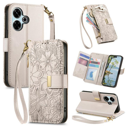 Flowers Leaves Zipper Wallet Leather Phone Case with Strap, For Redmi Note 14 Pro 5G, For Xiaomi 14T Pro, For Redmi Note 13 4G, For Redmi Note 13 Pro 5G, For Redmi Note 12 Turbo, For Redmi 15C 5G / 4G EU 173mm, For Redmi 15C 5G / 4G Global 171mm       ...