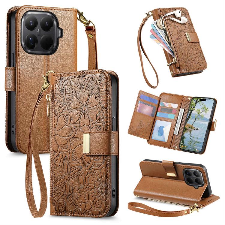 Flowers Leaves Zipper Wallet Leather Phone Case with Strap, For Xiaomi Poco X8 Pro Max 5G, For Xiaomi Poco X8 Pro 5G, For Redmi Turbo 5 Max 5G, For Redmi Turbo 5 5G, For Xiaomi 17 Pro Max, For Xiaomi 17 Pro, For Xiaomi 17, For Xiaomi Poco M7 4G 169mm  ...