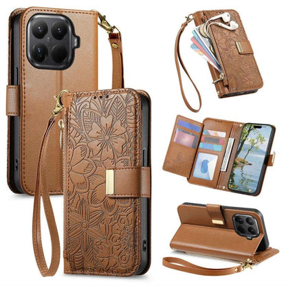 Flowers Leaves Zipper Wallet Leather Phone Case with Strap, For Xiaomi Poco X8 Pro Max 5G, For Xiaomi Poco X8 Pro 5G, For Redmi Turbo 5 Max 5G, For Redmi Turbo 5 5G, For Xiaomi 17 Pro Max, For Xiaomi 17 Pro, For Xiaomi 17, For Xiaomi Poco M7 4G 169mm  ...