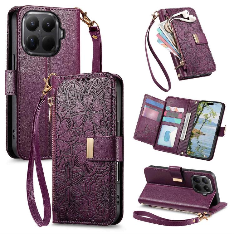 Flowers Leaves Zipper Wallet Leather Phone Case with Strap, For Xiaomi Poco X8 Pro Max 5G, For Xiaomi Poco X8 Pro 5G, For Redmi Turbo 5 Max 5G, For Redmi Turbo 5 5G, For Xiaomi 17 Pro Max, For Xiaomi 17 Pro, For Xiaomi 17, For Xiaomi Poco M7 4G 169mm  ...