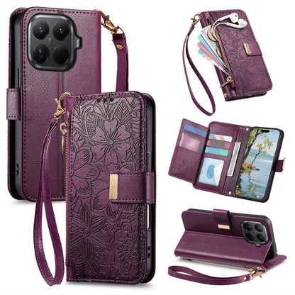 Flowers Leaves Zipper Wallet Leather Phone Case with Strap, For Xiaomi Poco X8 Pro Max 5G, For Xiaomi Poco X8 Pro 5G, For Redmi Turbo 5 Max 5G, For Redmi Turbo 5 5G, For Xiaomi 17 Pro Max, For Xiaomi 17 Pro, For Xiaomi 17, For Xiaomi Poco M7 4G 169mm  ...