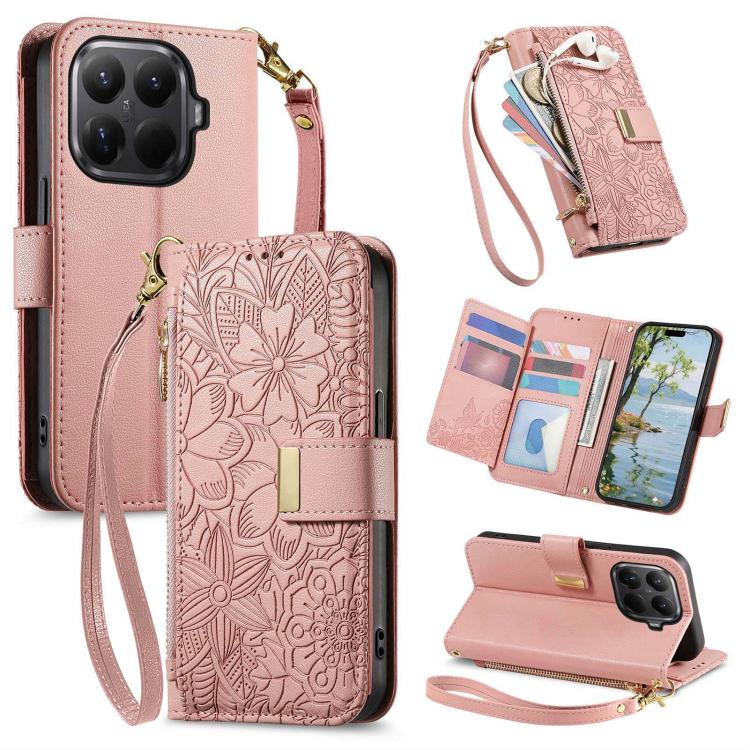 Flowers Leaves Zipper Wallet Leather Phone Case with Strap, For Xiaomi Poco X8 Pro Max 5G, For Xiaomi Poco X8 Pro 5G, For Redmi Turbo 5 Max 5G, For Redmi Turbo 5 5G, For Xiaomi 17 Pro Max, For Xiaomi 17 Pro, For Xiaomi 17, For Xiaomi Poco M7 4G 169mm  ...