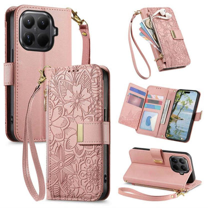 Flowers Leaves Zipper Wallet Leather Phone Case with Strap, For Xiaomi Poco X8 Pro Max 5G, For Xiaomi Poco X8 Pro 5G, For Redmi Turbo 5 Max 5G, For Redmi Turbo 5 5G, For Xiaomi 17 Pro Max, For Xiaomi 17 Pro, For Xiaomi 17, For Xiaomi Poco M7 4G 169mm  ...