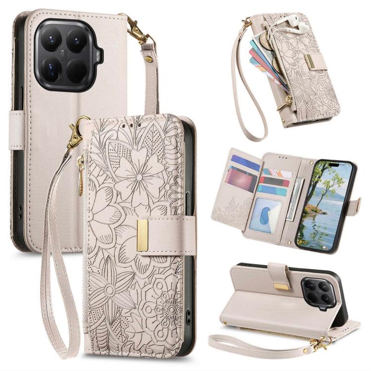 Flowers Leaves Zipper Wallet Leather Phone Case with Strap, For Xiaomi Poco X8 Pro Max 5G, For Xiaomi Poco X8 Pro 5G, For Redmi Turbo 5 Max 5G, For Redmi Turbo 5 5G, For Xiaomi 17 Pro Max, For Xiaomi 17 Pro, For Xiaomi 17, For Xiaomi Poco M7 4G 169mm  ...