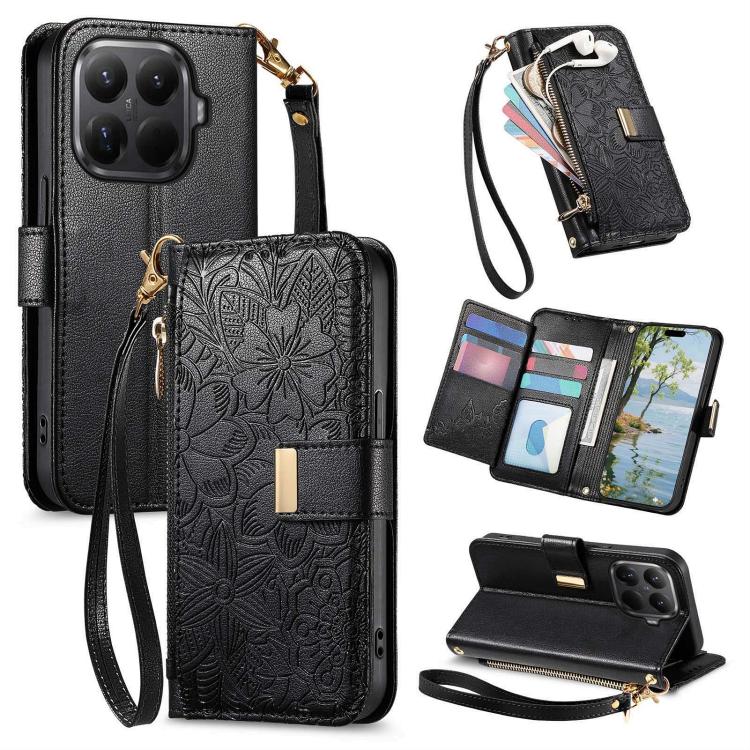 Flowers Leaves Zipper Wallet Leather Phone Case with Strap, For Xiaomi Poco X8 Pro Max 5G, For Xiaomi Poco X8 Pro 5G, For Redmi Turbo 5 Max 5G, For Redmi Turbo 5 5G, For Xiaomi 17 Pro Max, For Xiaomi 17 Pro, For Xiaomi 17, For Xiaomi Poco M7 4G 169mm  ...