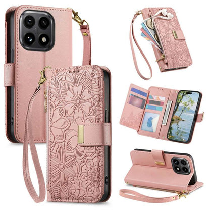 Flowers Leaves Zipper Wallet Leather Phone Case with Strap, For Xiaomi Poco X8 Pro Max 5G, For Xiaomi Poco X8 Pro 5G, For Redmi Turbo 5 Max 5G, For Redmi Turbo 5 5G, For Xiaomi 17 Pro Max, For Xiaomi 17 Pro, For Xiaomi 17, For Xiaomi Poco M7 4G 169mm  ...