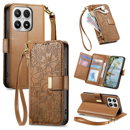 Flowers Leaves Zipper Wallet Leather Phone Case with Strap, For Xiaomi Poco X8 Pro Max 5G, For Xiaomi Poco X8 Pro 5G, For Redmi Turbo 5 Max 5G, For Redmi Turbo 5 5G, For Xiaomi 17 Pro Max, For Xiaomi 17 Pro, For Xiaomi 17, For Xiaomi Poco M7 4G 169mm  ...