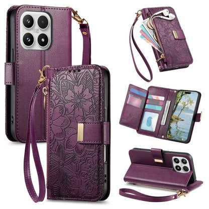 Flowers Leaves Zipper Wallet Leather Phone Case with Strap, For Xiaomi Poco X8 Pro Max 5G, For Xiaomi Poco X8 Pro 5G, For Redmi Turbo 5 Max 5G, For Redmi Turbo 5 5G, For Xiaomi 17 Pro Max, For Xiaomi 17 Pro, For Xiaomi 17, For Xiaomi Poco M7 4G 169mm  ...