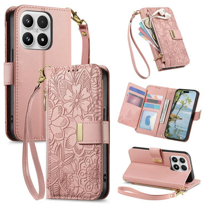 Flowers Leaves Zipper Wallet Leather Phone Case with Strap, For Xiaomi Poco X8 Pro Max 5G, For Xiaomi Poco X8 Pro 5G, For Redmi Turbo 5 Max 5G, For Redmi Turbo 5 5G, For Xiaomi 17 Pro Max, For Xiaomi 17 Pro, For Xiaomi 17, For Xiaomi Poco M7 4G 169mm  ...
