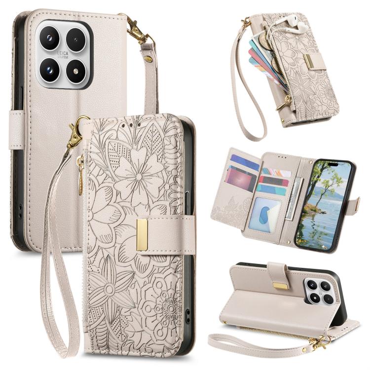 Flowers Leaves Zipper Wallet Leather Phone Case with Strap, For Xiaomi Poco X8 Pro Max 5G, For Xiaomi Poco X8 Pro 5G, For Redmi Turbo 5 Max 5G, For Redmi Turbo 5 5G, For Xiaomi 17 Pro Max, For Xiaomi 17 Pro, For Xiaomi 17, For Xiaomi Poco M7 4G 169mm  ...