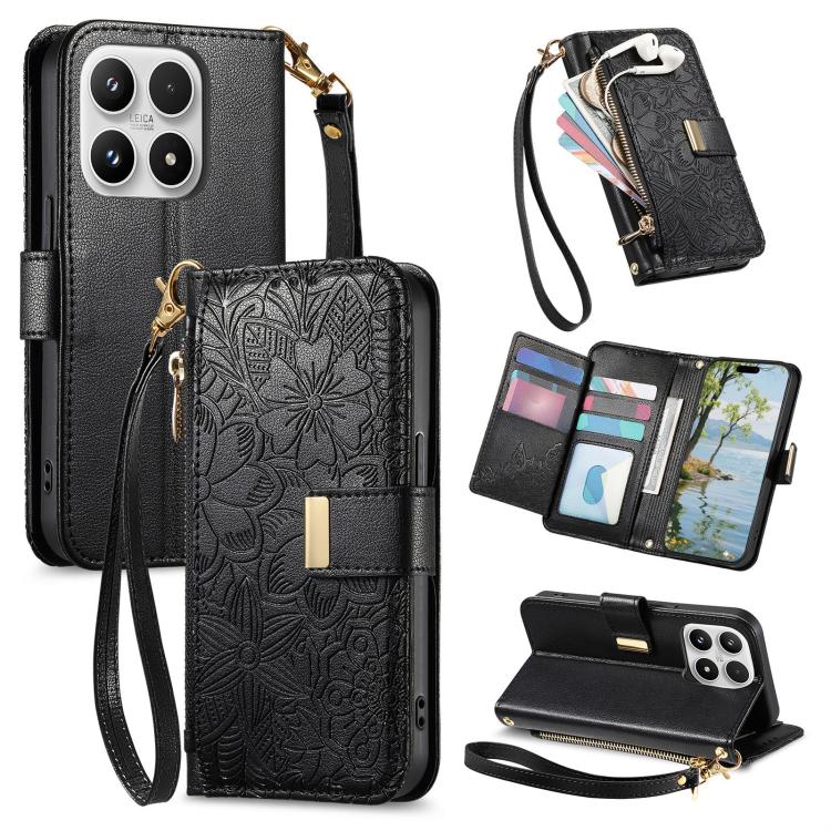Flowers Leaves Zipper Wallet Leather Phone Case with Strap, For Xiaomi Poco X8 Pro Max 5G, For Xiaomi Poco X8 Pro 5G, For Redmi Turbo 5 Max 5G, For Redmi Turbo 5 5G, For Xiaomi 17 Pro Max, For Xiaomi 17 Pro, For Xiaomi 17, For Xiaomi Poco M7 4G 169mm  ...